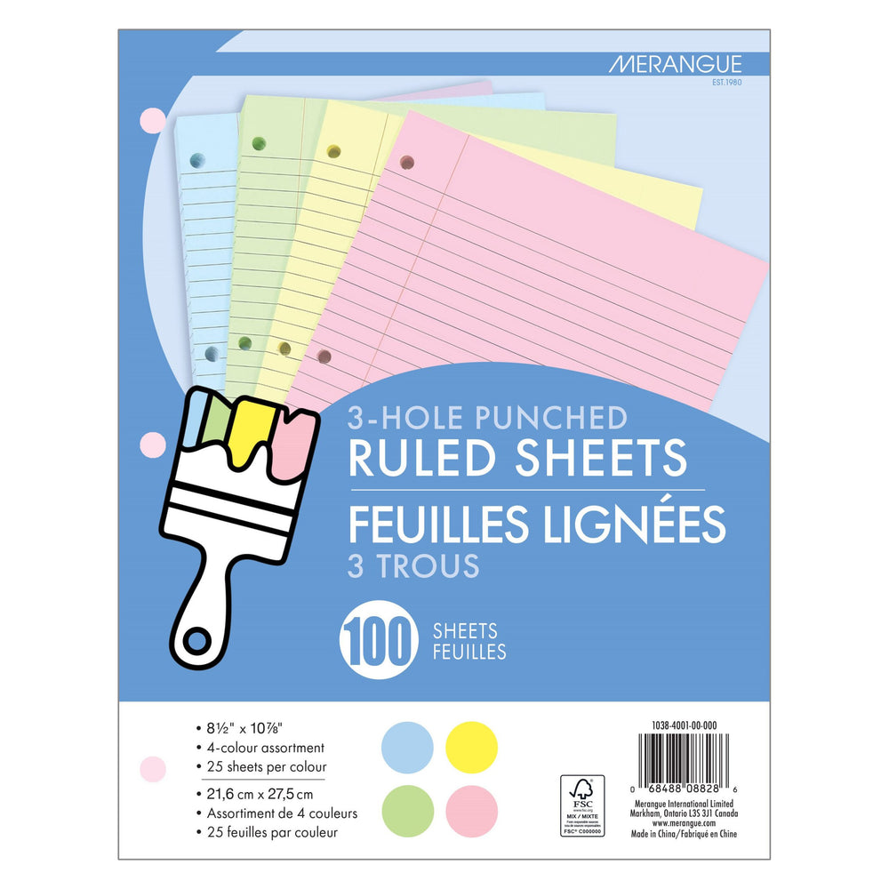Feuilles mobiles lignées 4 couleurs (paquet de 100)