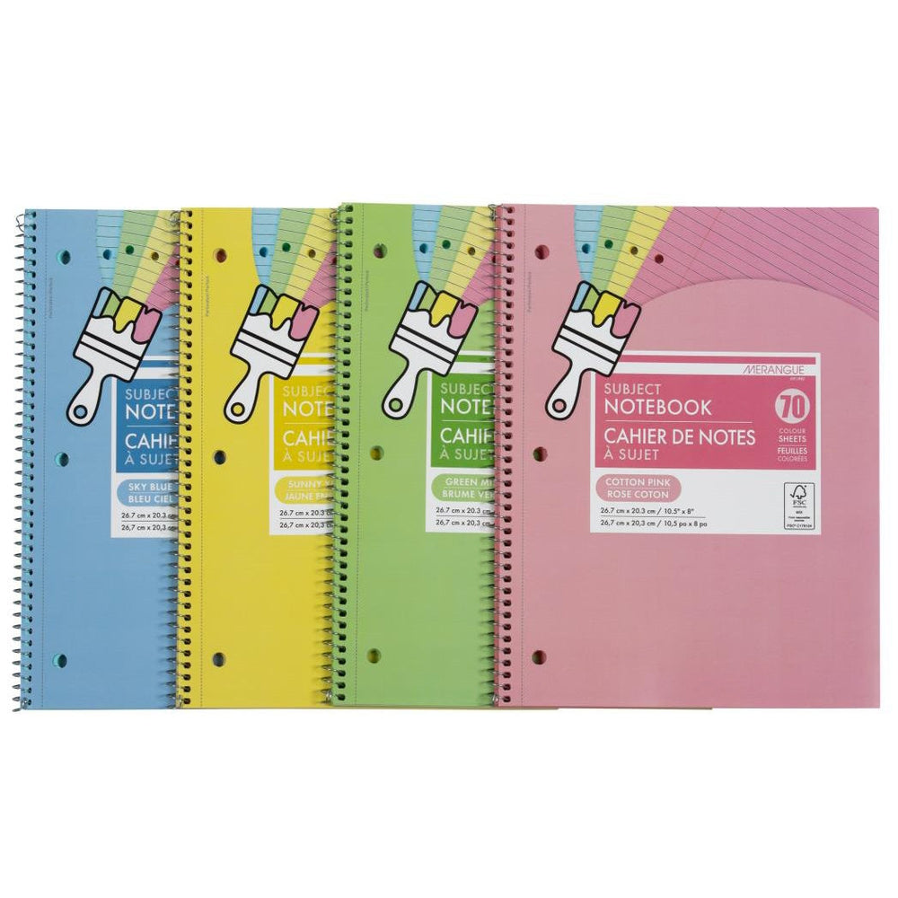 Cahier spirale 8 po x 10,5 po 140 pages (70 feuilles) de couleur