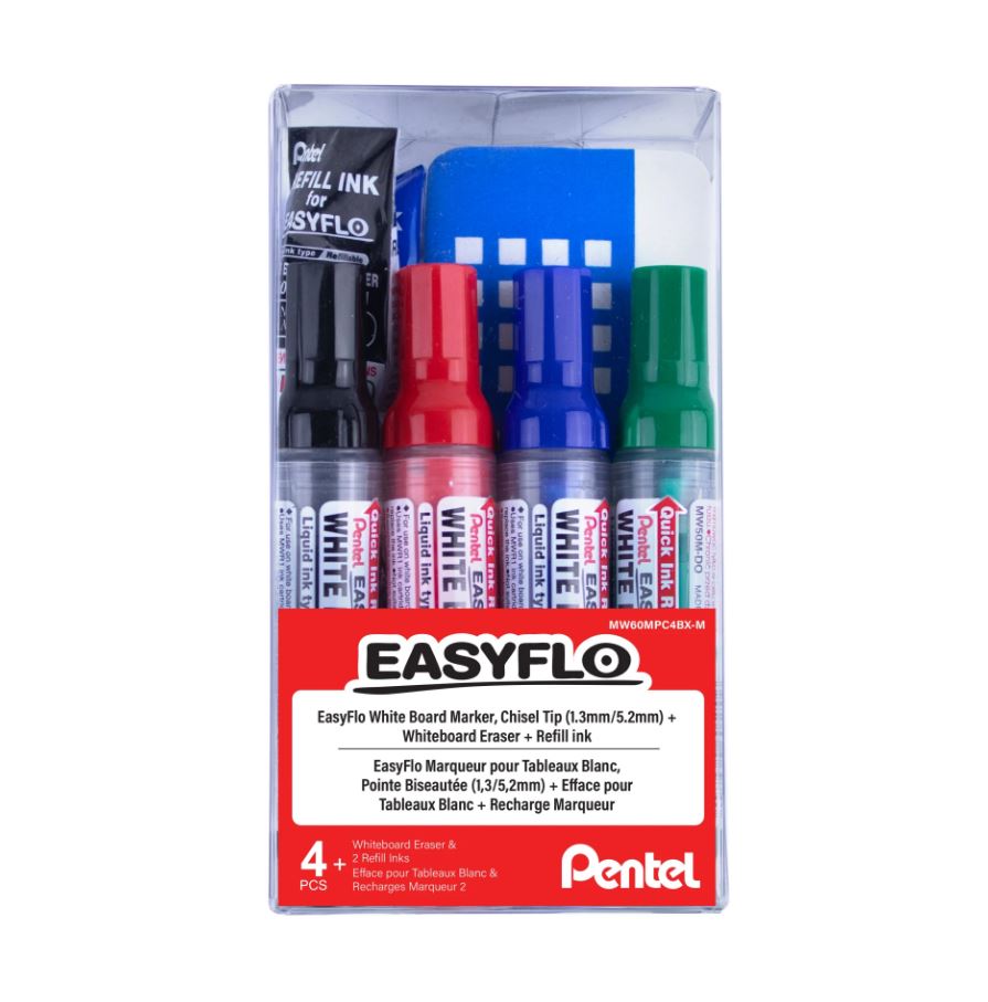 Marqueur effaçable biseauté avec efface et 2 recharges d'encre (Paquet de 4)