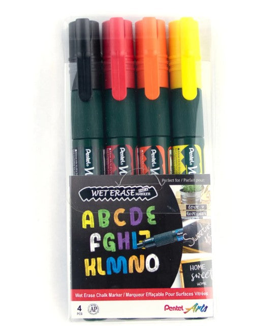 Marqueur pointe biseautée effaçable à l'eau pour surfaces vitrées Pentel Arts (paquet de 4)