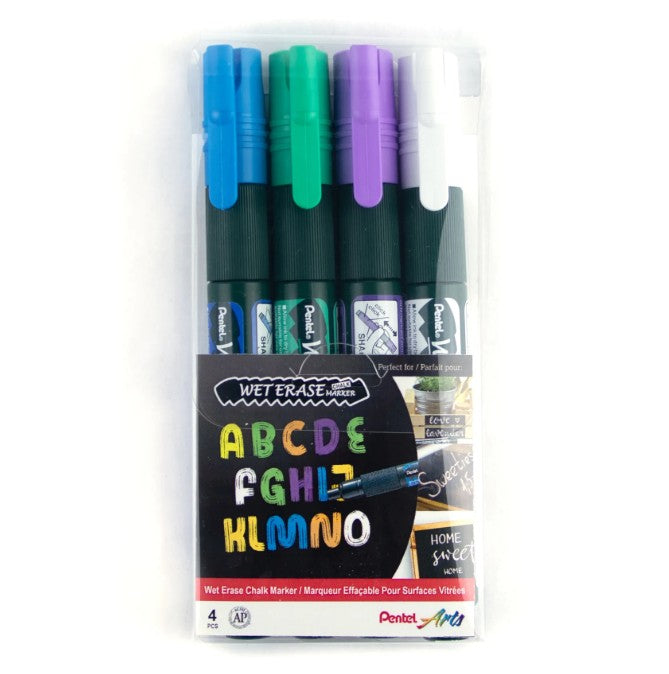 Marqueur pointe biseautée effaçable à l'eau pour surfaces vitrées Pentel Arts (paquet de 4)