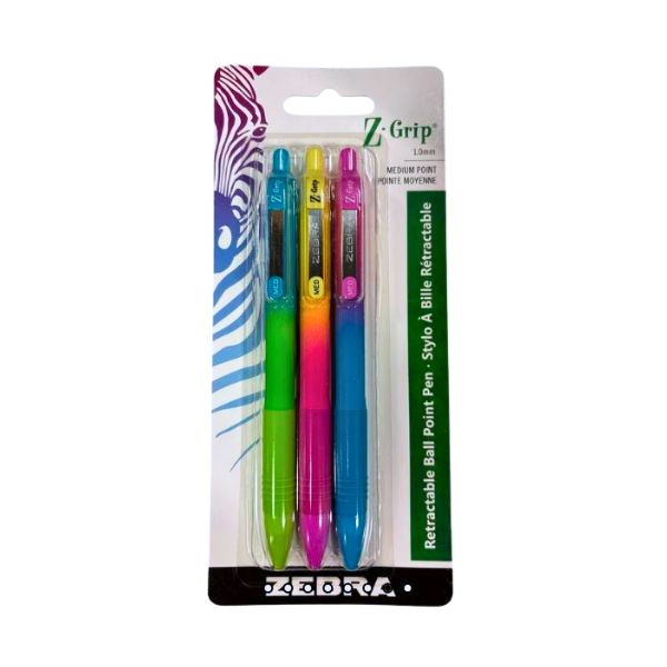 Stylo à bille rétractable pointe moyenne Zebra Z-Grip Soft Touch encre noire (paquet de 3)