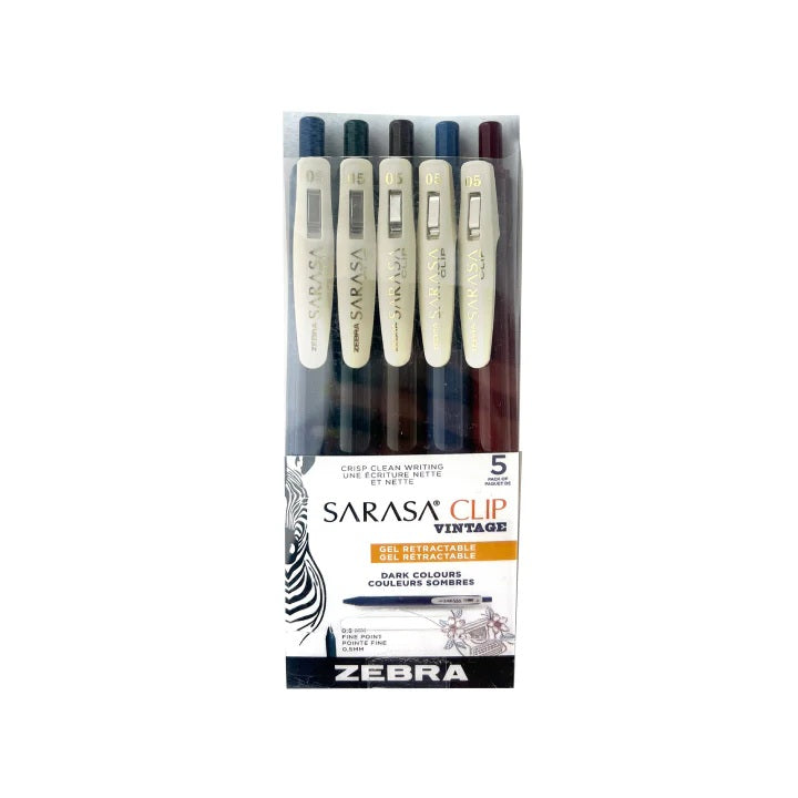 Stylo gel rétractable 0,5 mm Zebra Sarasa Clip Vintage (paquet de 5)