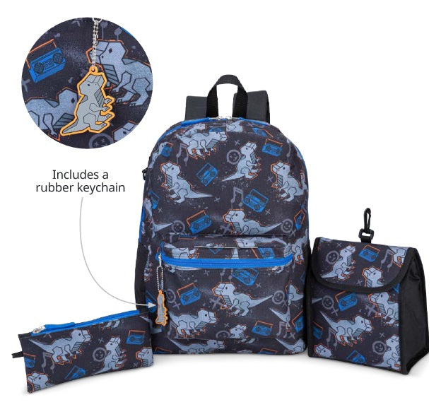 Ensemble de sac à dos, boîte à lunch et étui à crayons dinosaure noir