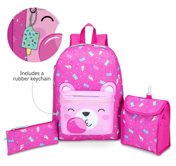 Ensemble de sac à dos, boîte à lunch et étui à crayons ours rose