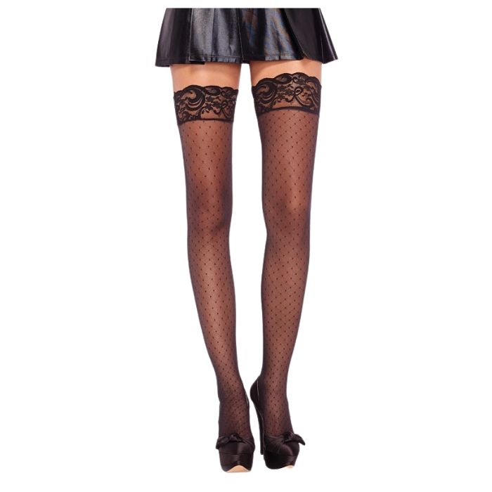 Bas mi-cuisse en nylon noir transparent à pois en losange