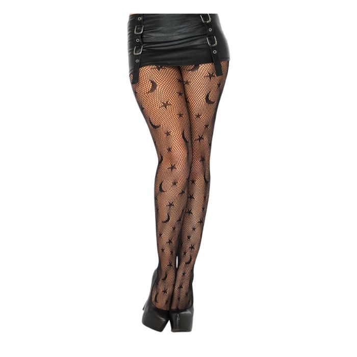 Collant en résille noir avec motif céleste (lunes et étoiles)
