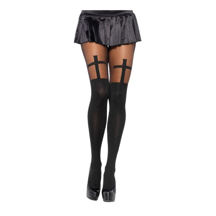Collant en nylon bas noir et transparent avec motif de croix sur les cuisses