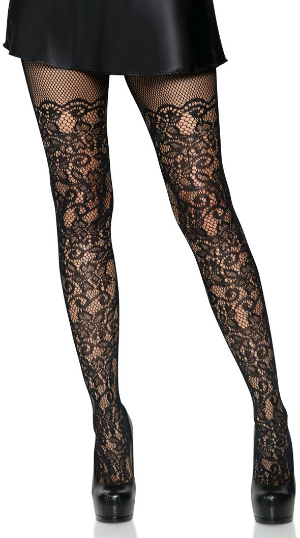 Collant en résille noir avec motif de vigne florale