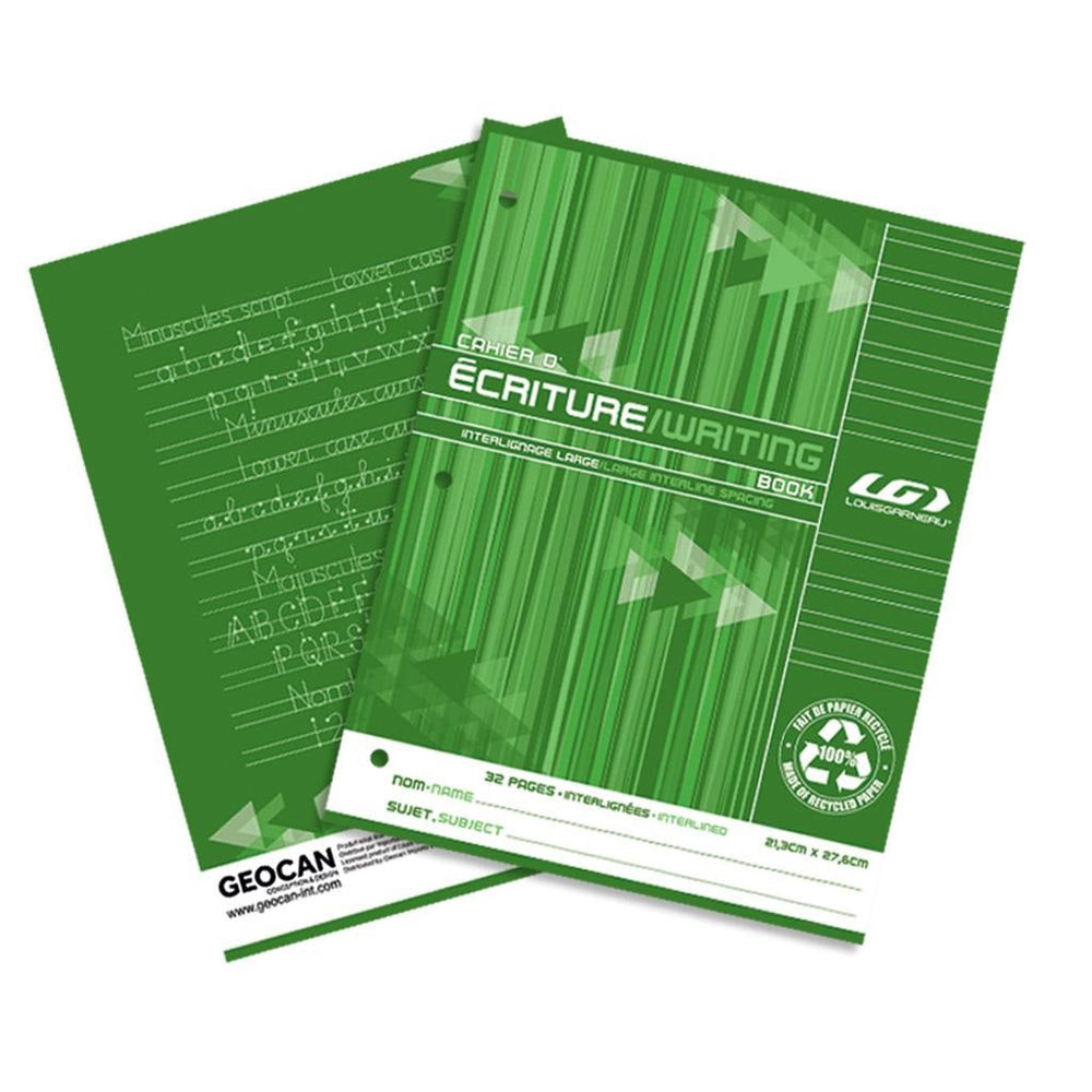 Cahier d'écriture interligné 32 pages (16 pages) Louis Garneau vert