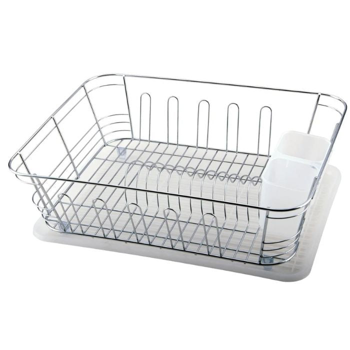 Égouttoir à vaisselle 13,5 po x 17,5 po x 5,5 po chrome avec plateau et support à ustensiles transparent