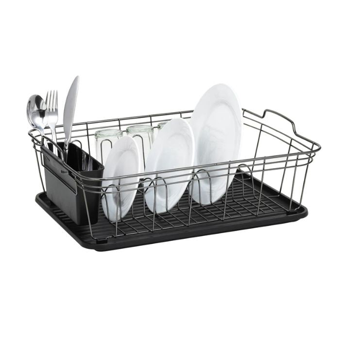 Égouttoir à vaisselle 12,5 po x 16,75 po x 6,5 po nickel avec plateau et support à ustensiles noir