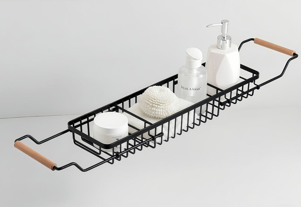 Rangement de bain extensible noir avec poignées en bambou 6 po x 27,5 po à 35,5 po