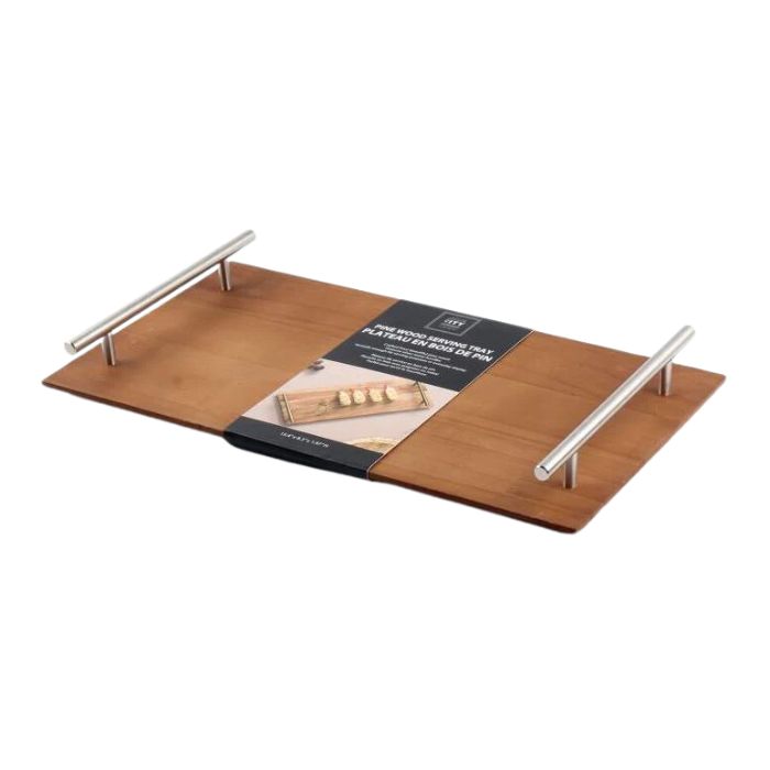 Plateau de service en bois de pin avec poignées en acier inoxydable 15 po x 8 po