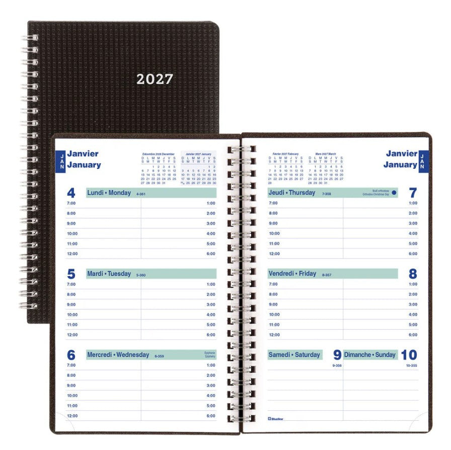 Agenda hebdomadaire Duraflex 8 po x 5 po Blueline noir