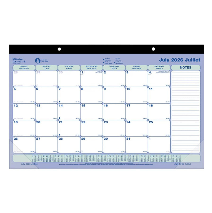 Calendrier sous-main académique mensuel 17,5 po x 10,5 po fond bleu uni