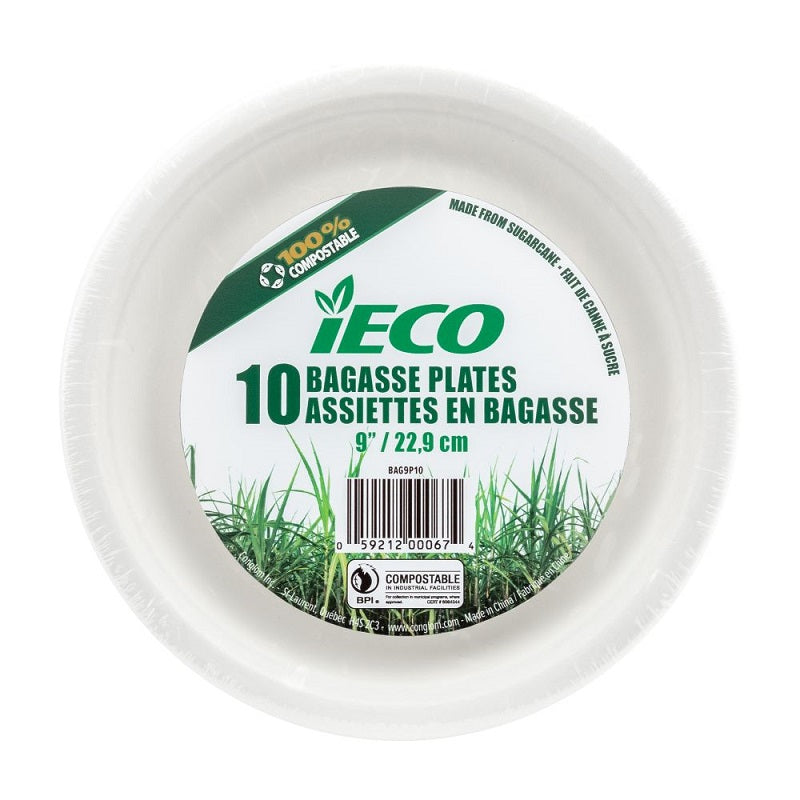 Assiette 9 po en bagasse compostable iEco (paquet de 10)