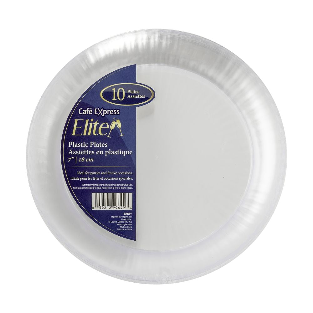 Assiette ronde 7 po en plastique clair (paquet de 10)