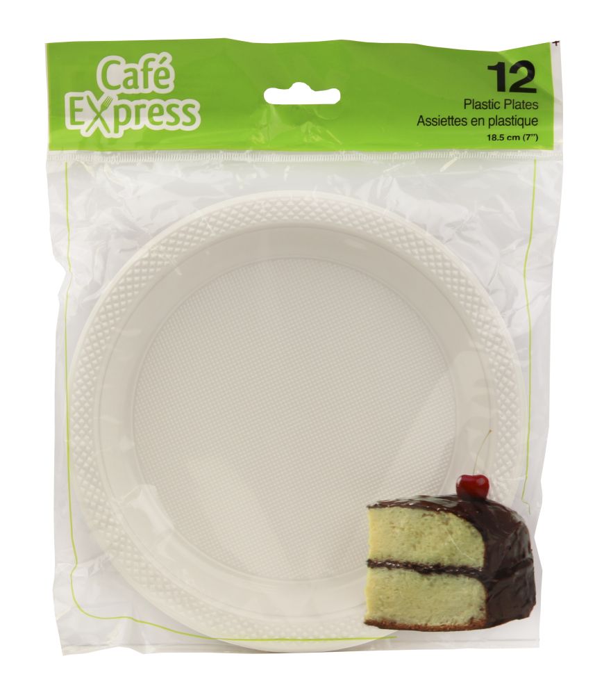 Assiette ronde 7 po en plastique blanc (paquet de 12)