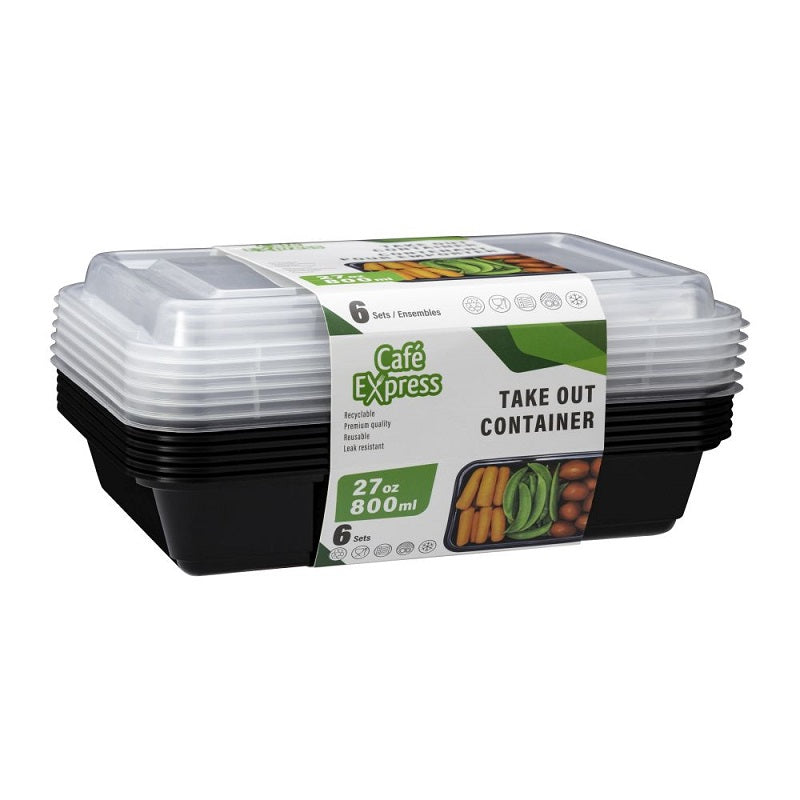 Contenant rectangulaire 800 ml en plastique noir (paquet de 6)