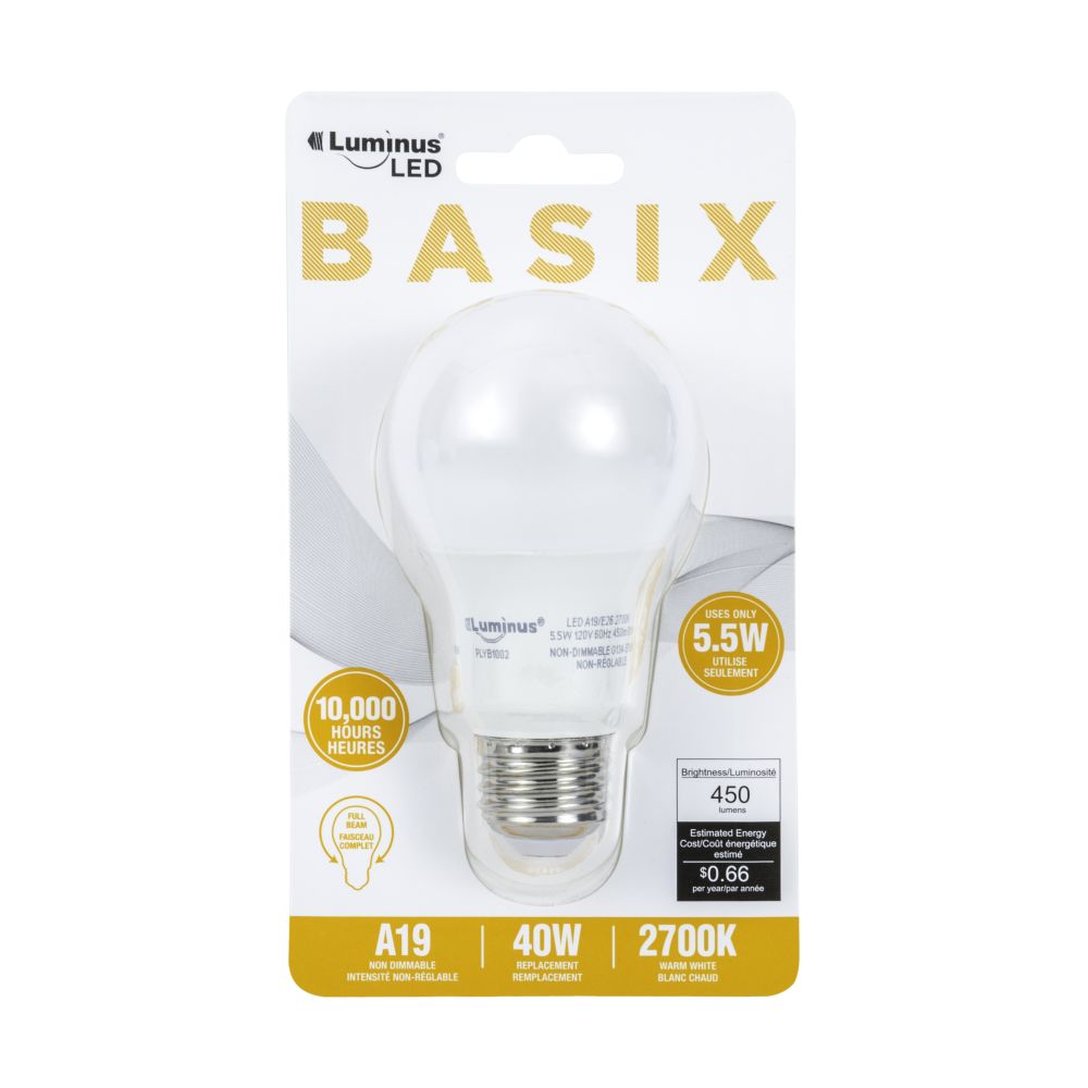 Ampoule DEL type A19 5,5W / 450L blanc chaud Luminus