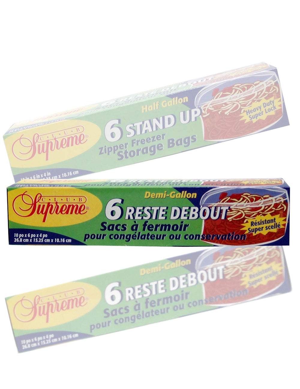 Sac à congélation refermable grand 10 po x 6 po x 4 po (reste debout) Club Suprême (paquet de 6)