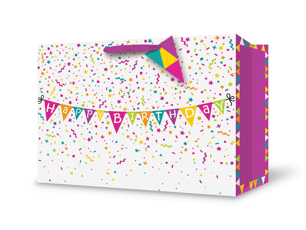 Sac cadeau moyen 9 po x 7 po confetti et guirlande Happy Birthday