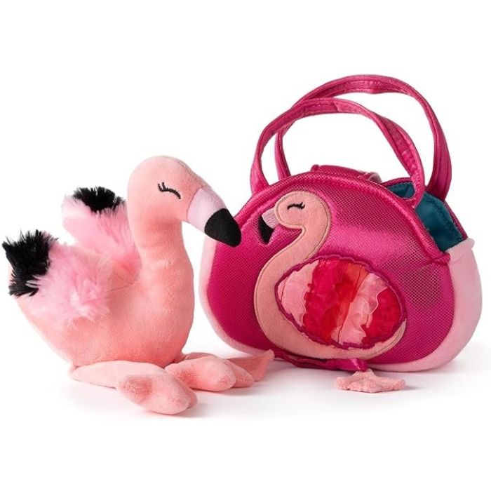 Peluche flamant rose avec un sac