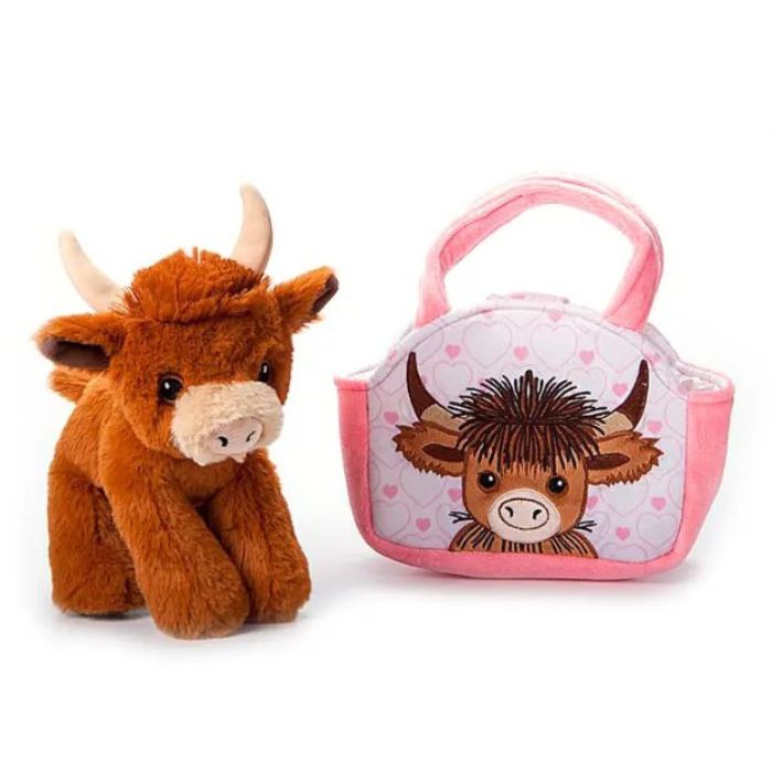 Peluche vache highland avec un sac