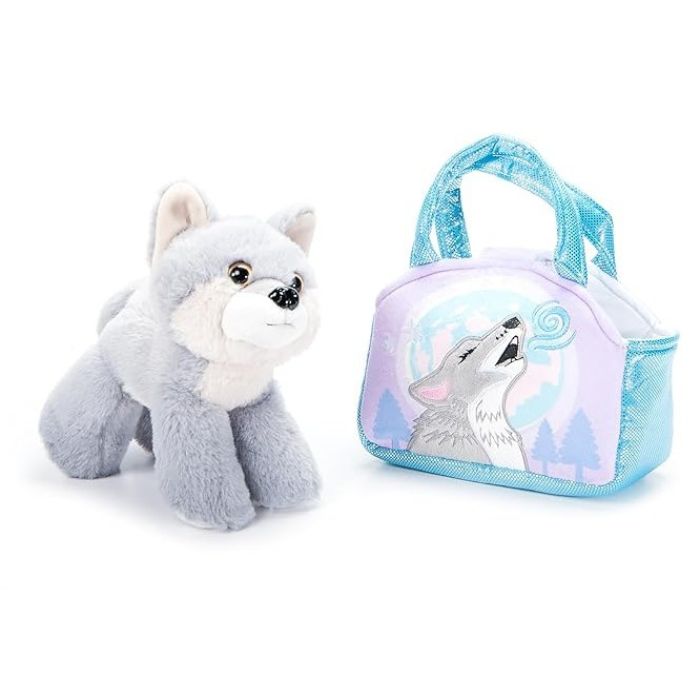 Peluche loup gris avec un sac