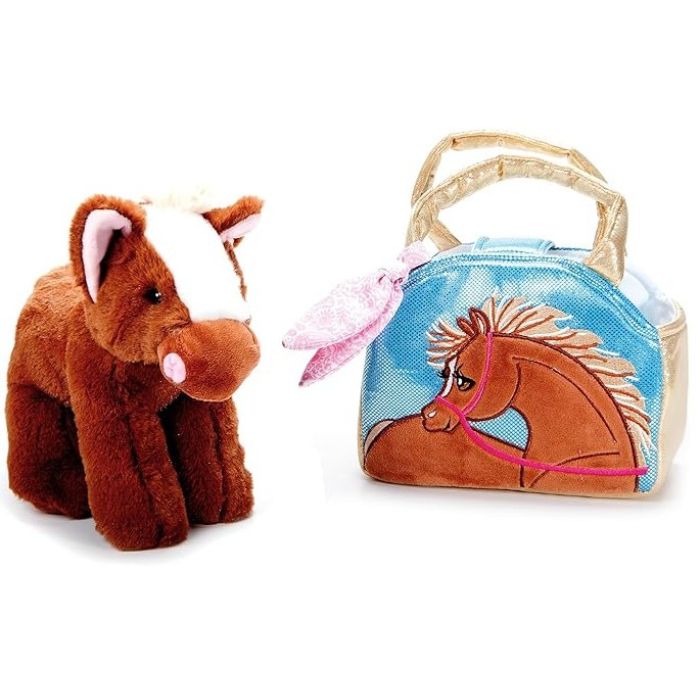 Peluche cheval brun avec un sac
