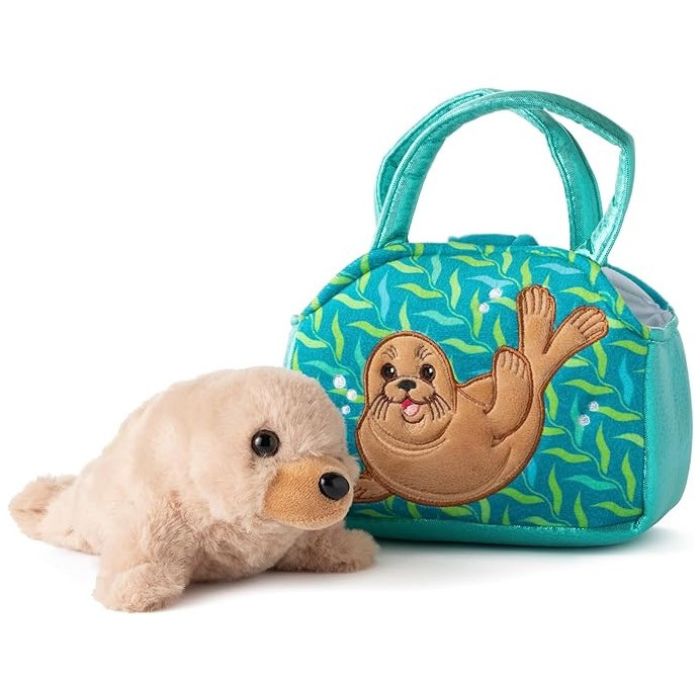 Peluche lion de mer avec un sac