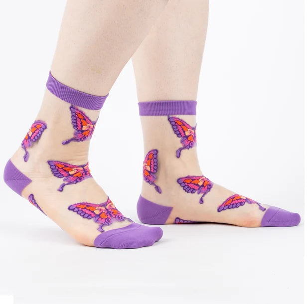 Bas mi-mollet en nylon papillons roses et mauves
