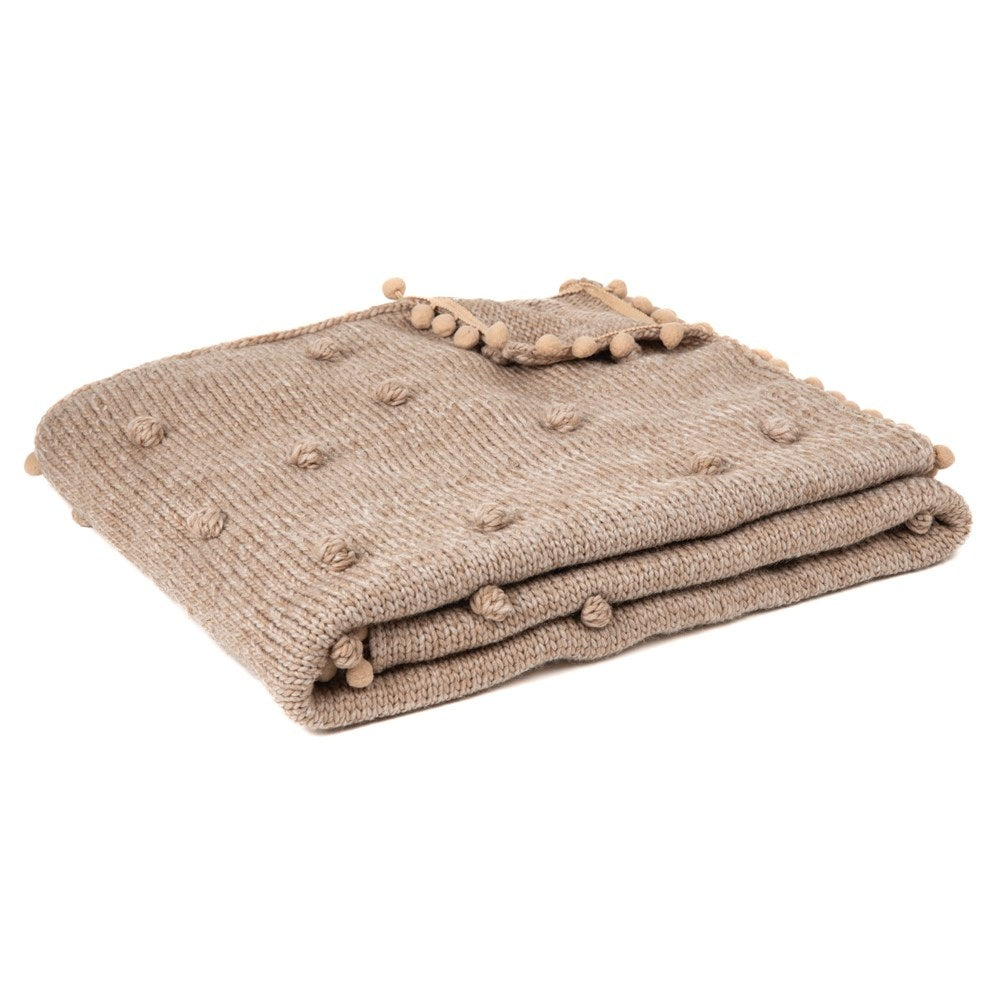 Jeté en tricot  50 po x 60 po Mocaccino tan avec pompons