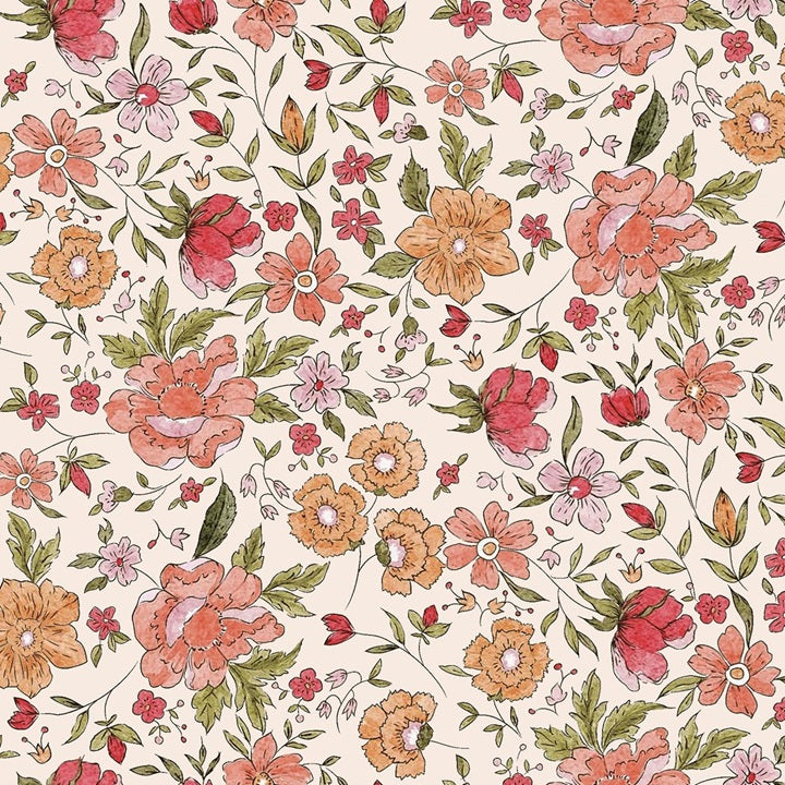 Nappe en polyester Joie fleurie jaune moutarde, rose et orange