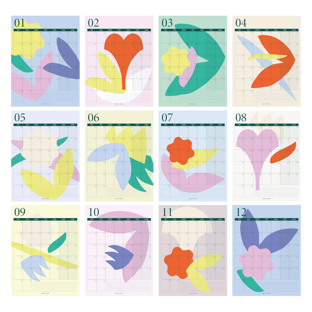 Page de calendrier mensuel (12 mois) non daté 18 po x 24 po Bouquet