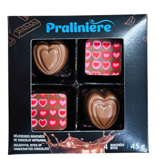 Boîte de 4 coeurs en chocolat au lait 45 g Pralinière