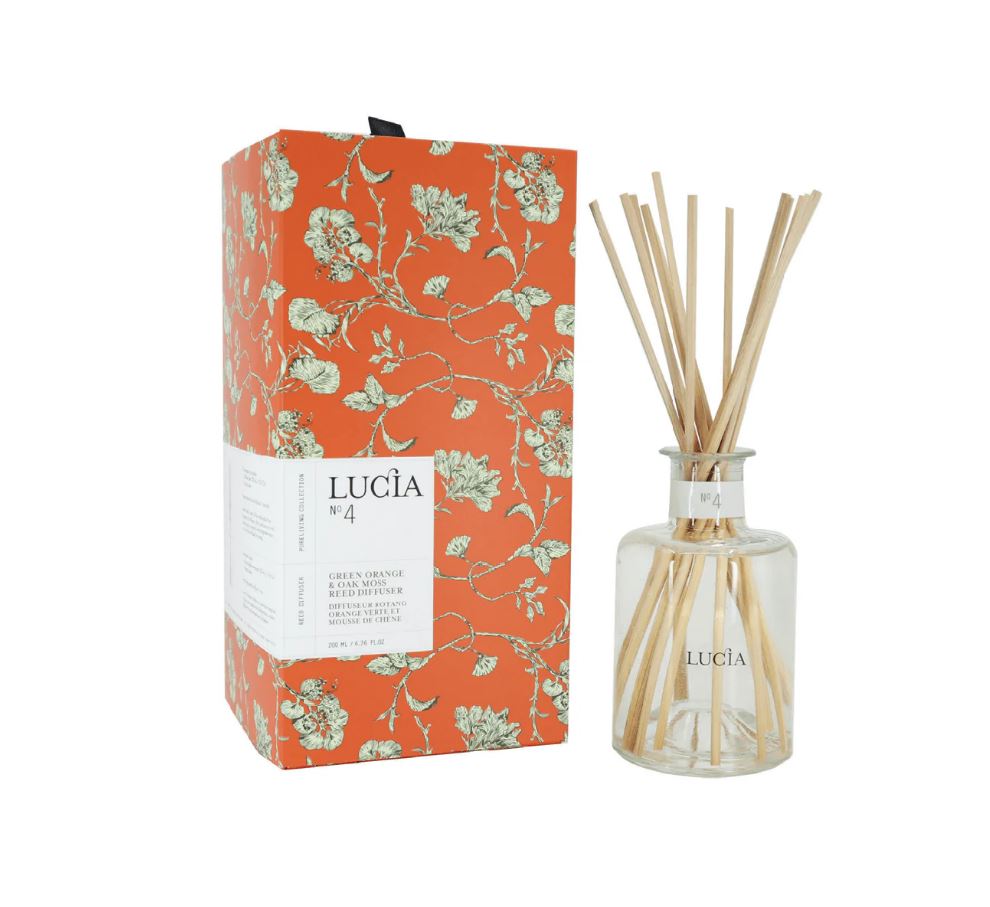 Diffuseur d'ambiance avec tige de rotang 200 ml orange verte et mousse de chêne