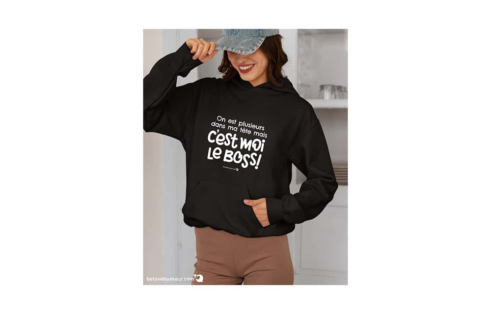 Chandail à capuchon humoristique pour adulte - On est plusieurs dans ma tête, mais c'est moi le boss!