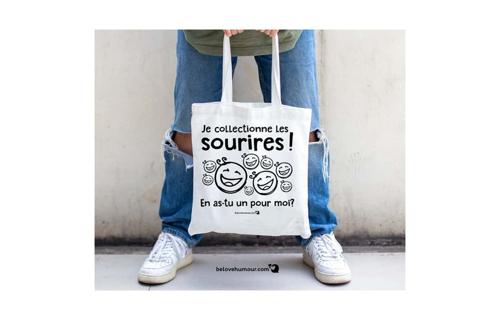 Sac réutilisable en coton 15 po x 16 po x 3 po - Je collectionne les sourires! En as-tu un pour moi?