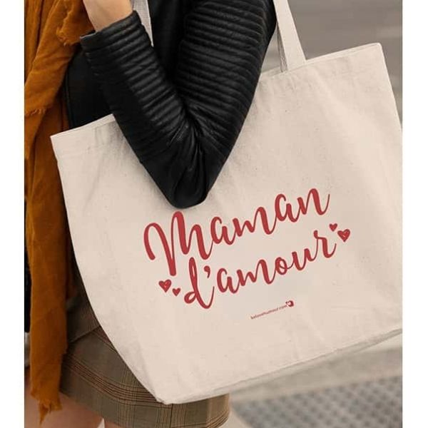Sac réutilisable (tote bag) 20 po x 15 po x 5 po en toile de coton résistante beige - Maman d'amour