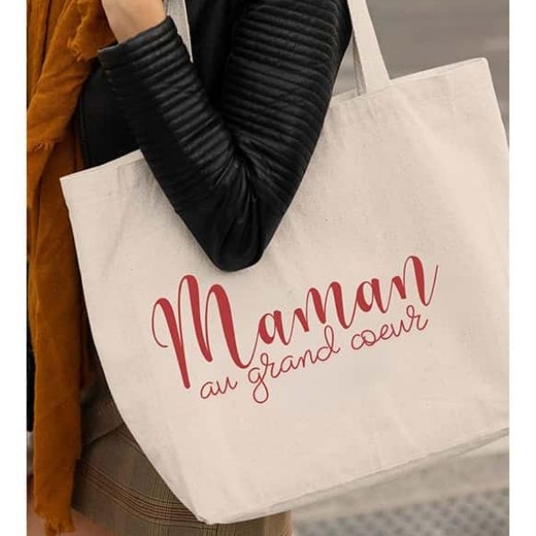 Sac réutilisable (tote bag) 20 po x 15 po x 5 po en toile de coton résistante beige - Maman au grand cœur