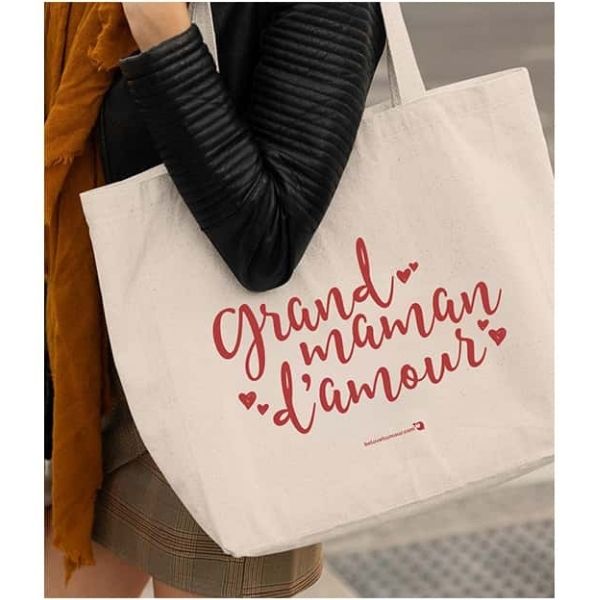 Sac réutilisable (tote bag) 20 po x 15 po x 5 po en toile de coton résistante beige - Grand-maman d'amour