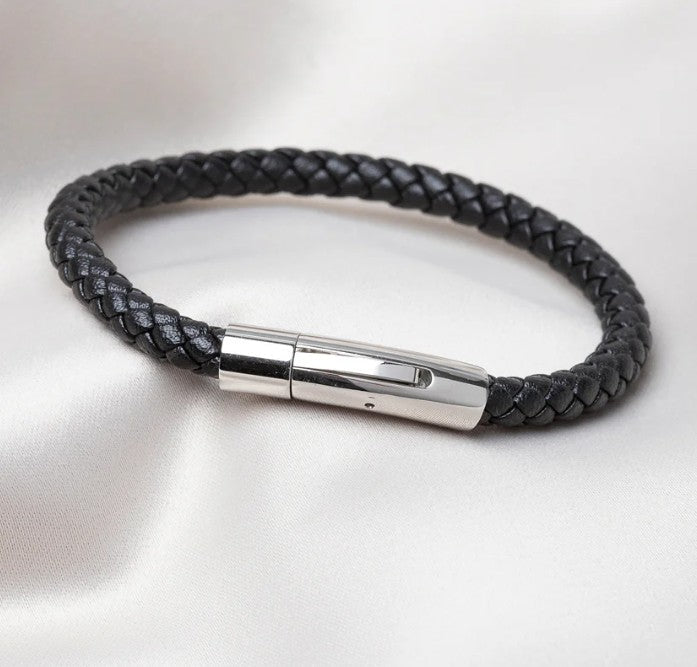 Bracelet Le textile en cuir noir tressé - argent