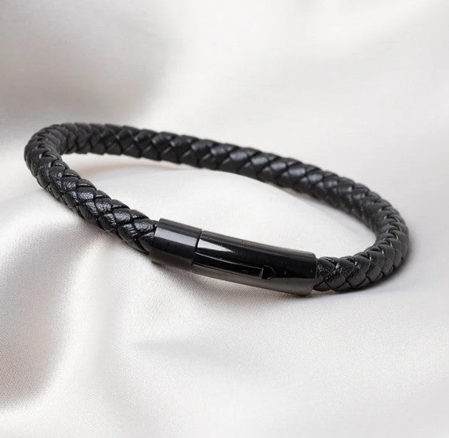 Bracelet Le textile en cuir noir tressé - or