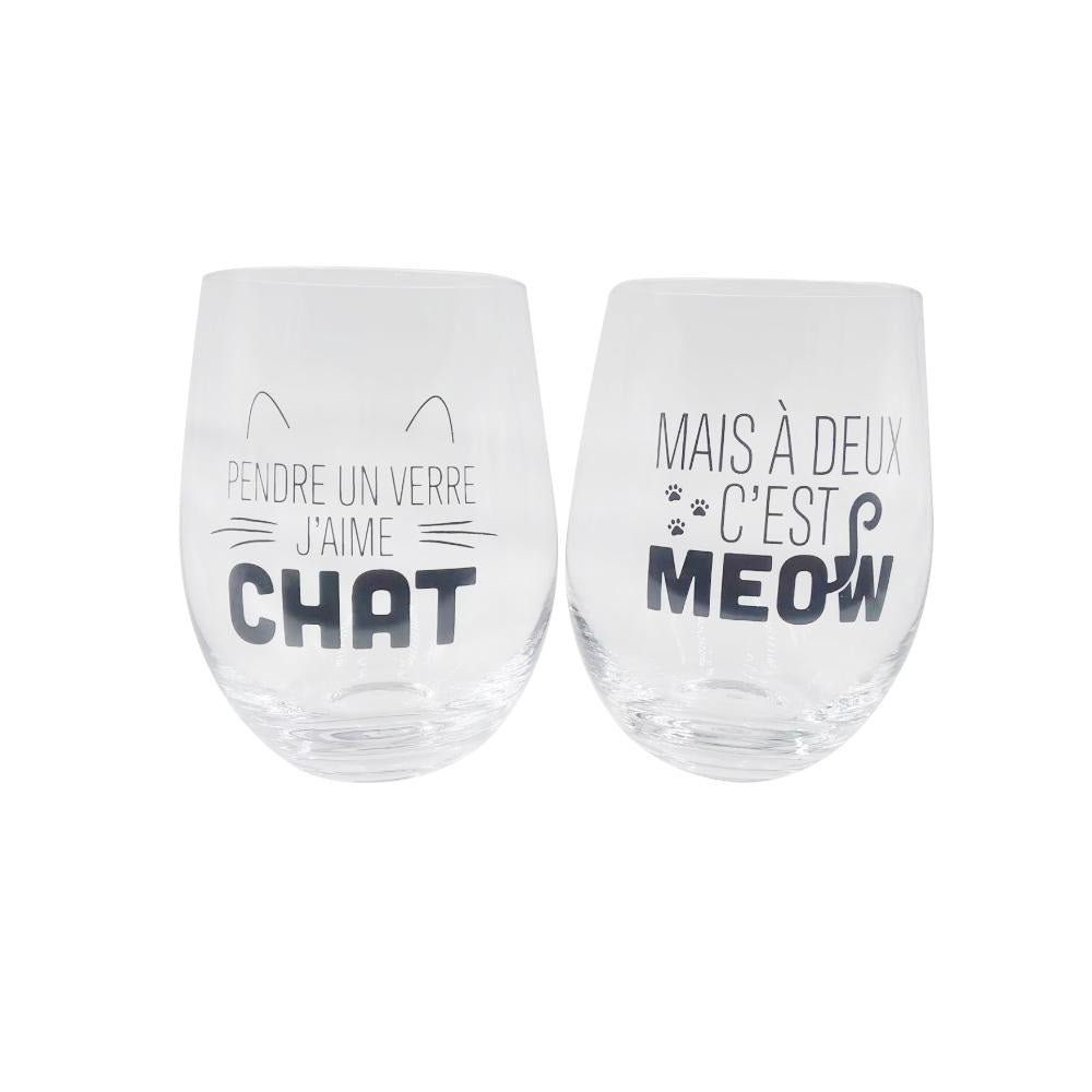 Duo de verres à vin - Prendre un verre j'aime chat / Mais à deux c'est meow