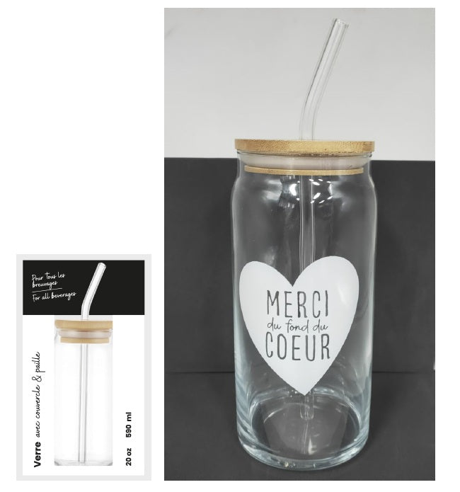 Verre 590 ml avec couvercle et paille - Merci du fond du cœur