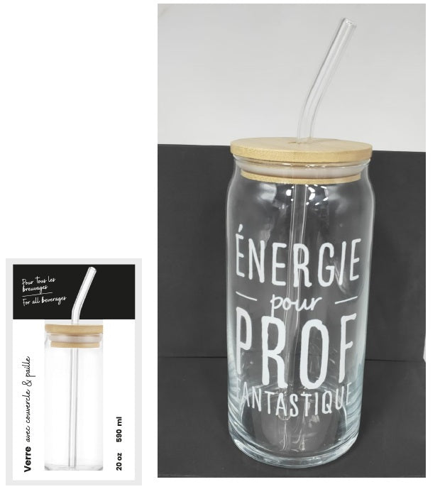 Verre 590 ml avec couvercle et paille - Énergie pour prof fantastique