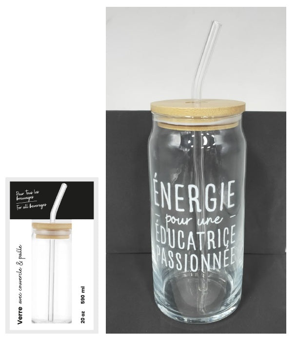 Verre 590 ml avec couvercle et paille - Énergie pour une éducatrice passionnée