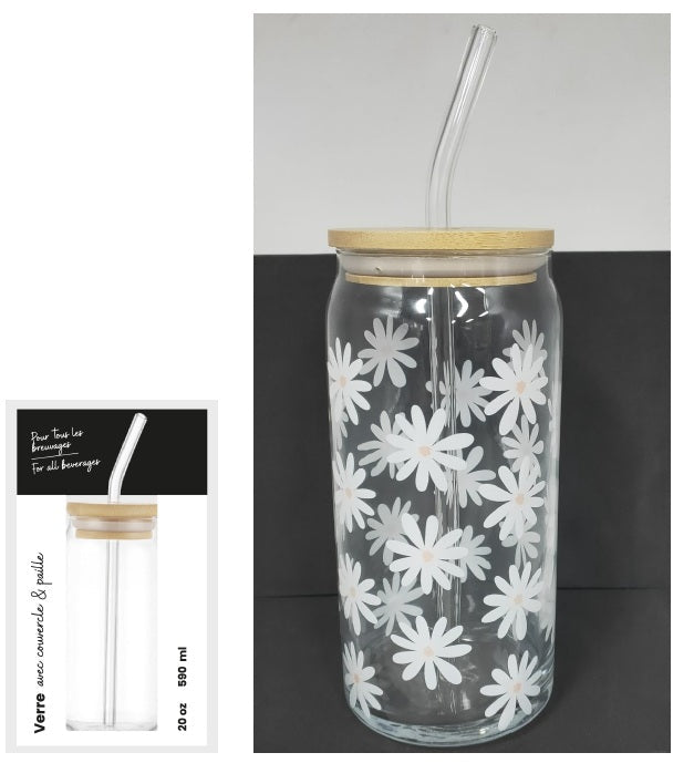 Verre 590 ml avec couvercle et paille - Marguerite blanche